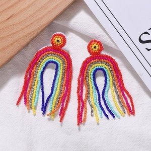Rainbow Beaded and Rhinestone Tassel Dangle Earrings